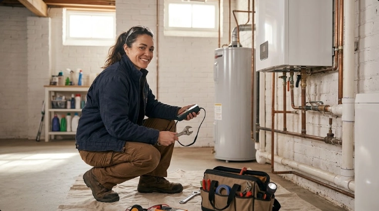 Plumbing technician testing black iron gas manifold with pressure test gauge assembly