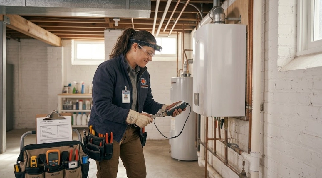 Heating technician diagnosing residential gas heating boiler in Baisley Park Queens