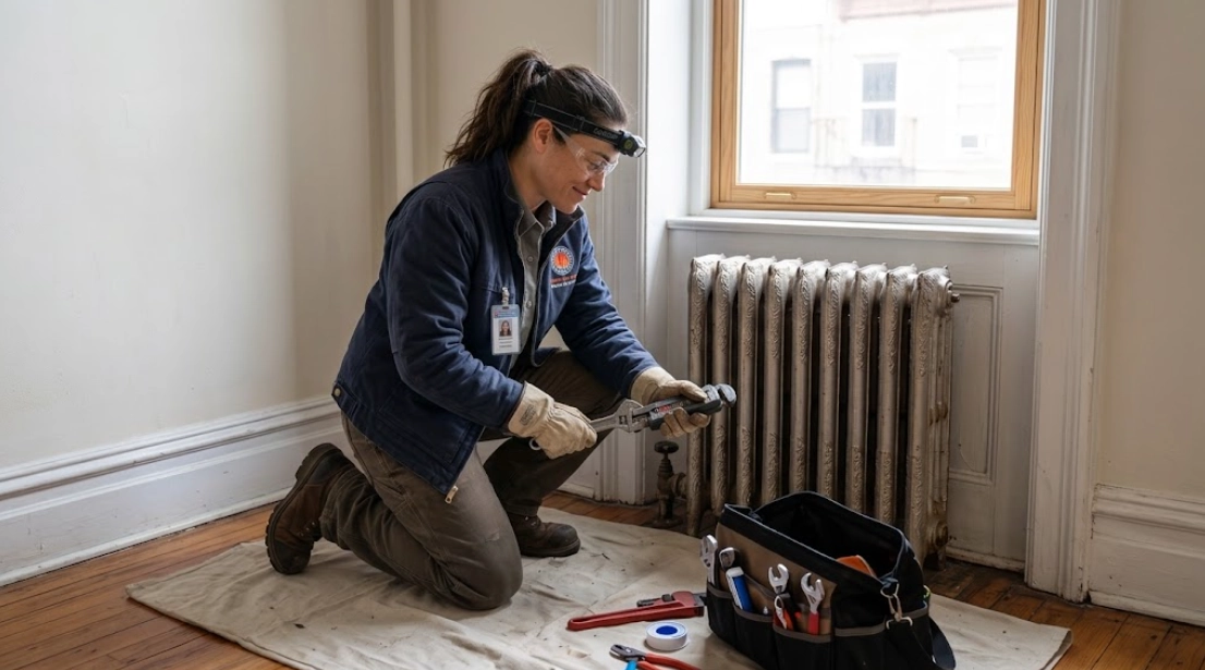 Plumber replacing a brass steam radiator valve and air vent assembly